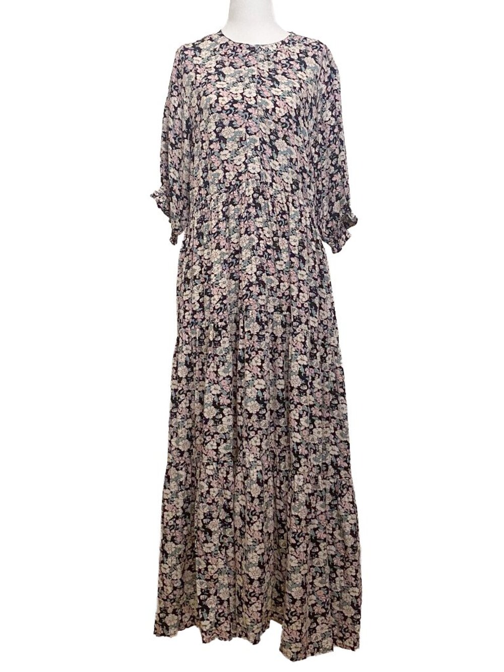 NATURAL LIFE Pink & Black Floral Tiered Maxi Dress Sz S